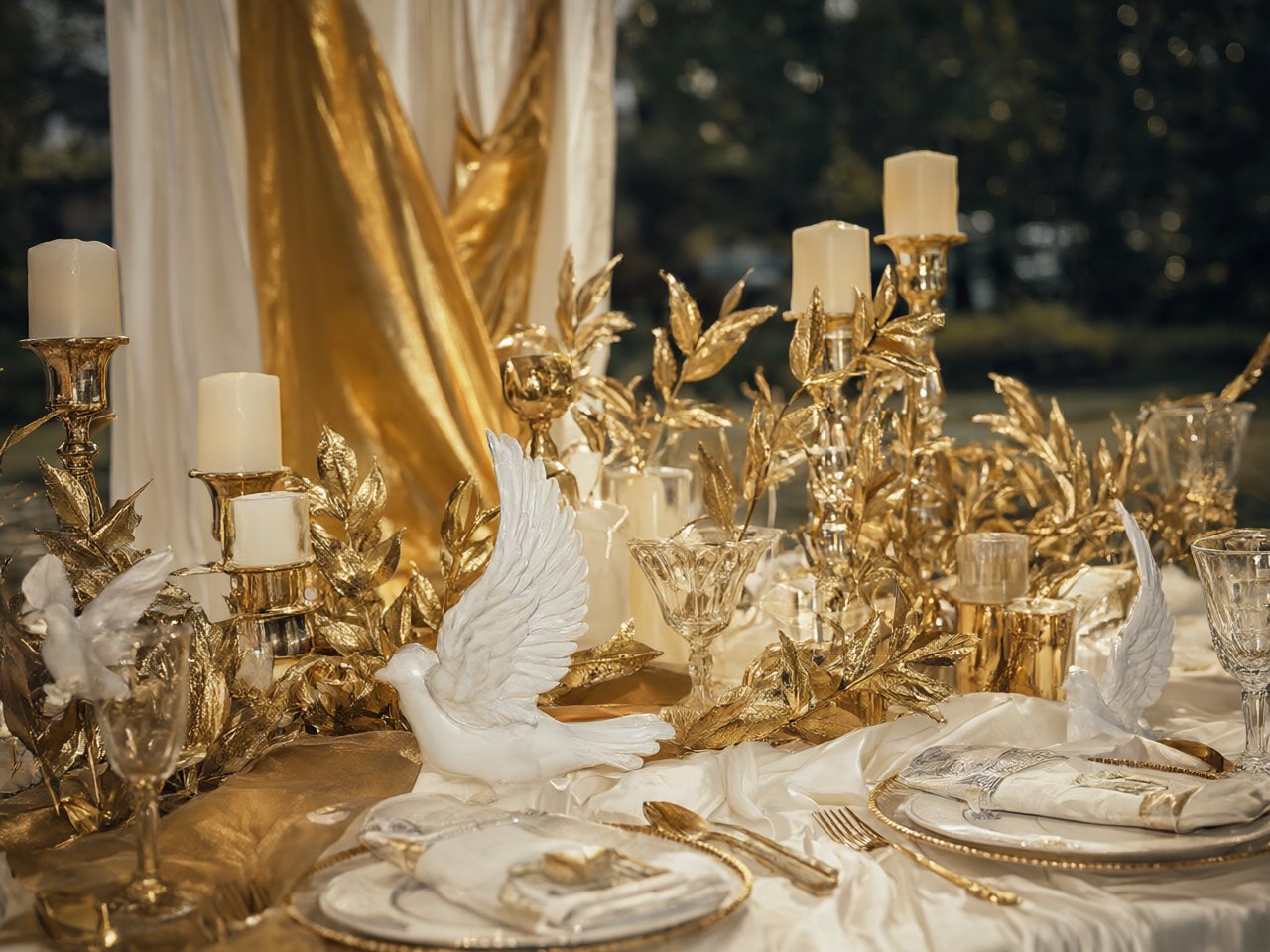 A gilded tablescape with laurel and draped fabric