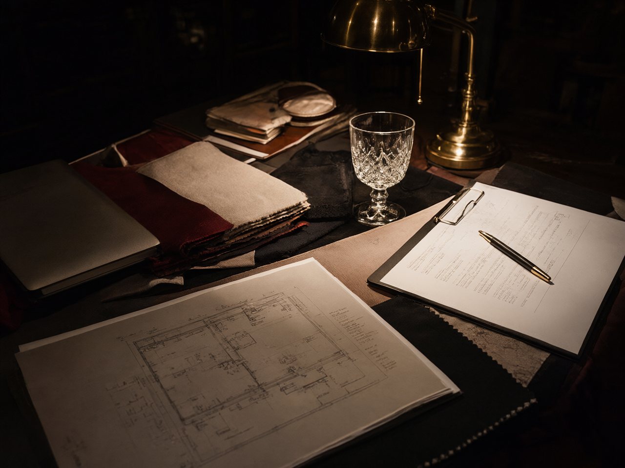 Floor plans, swatches and menu proofs on a producer's desk at night