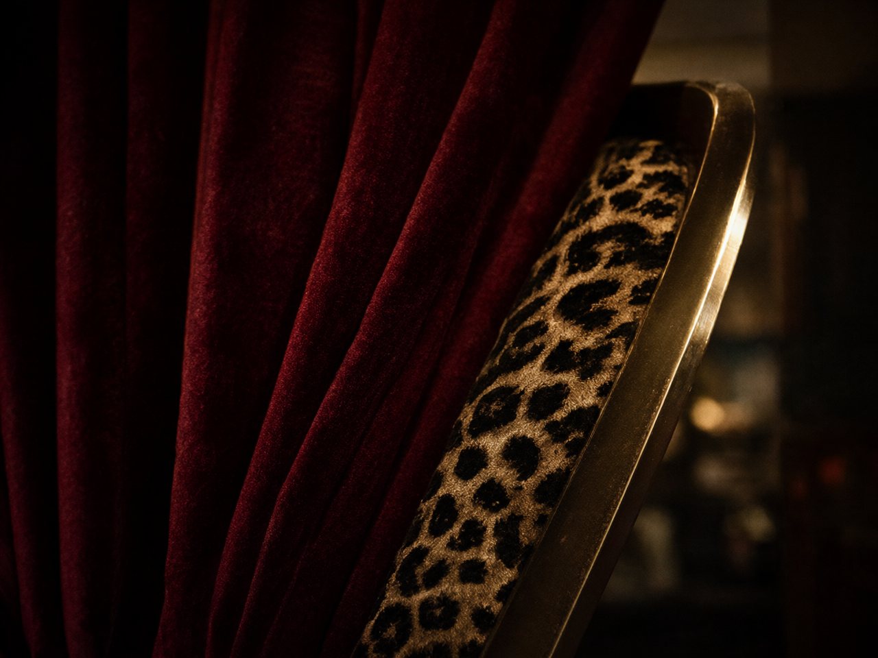 Oxblood velvet, leopard print and a brass edge in raking light